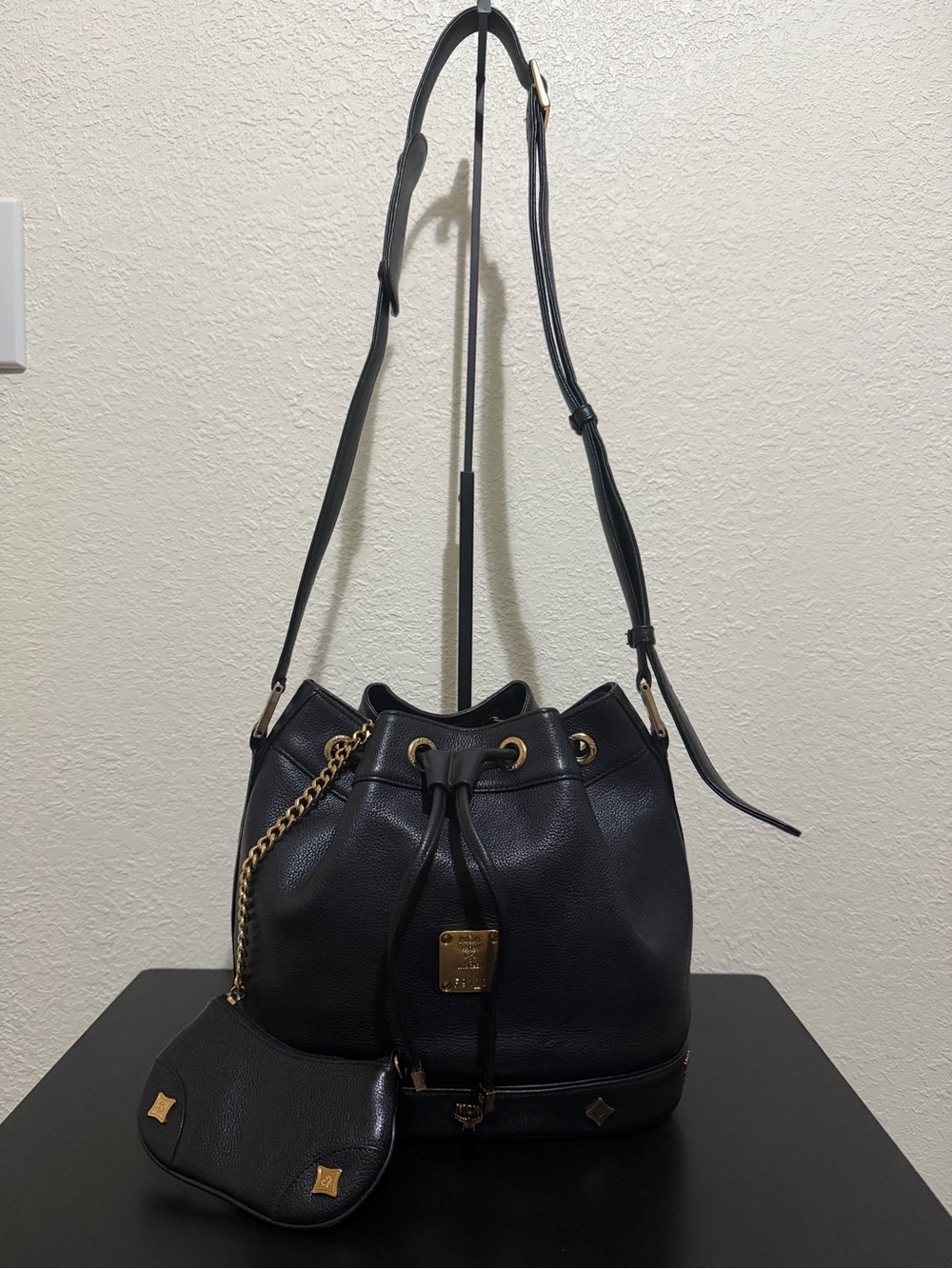 MCM Black Leather Drawstring Bucket Bag with Gold Hardware